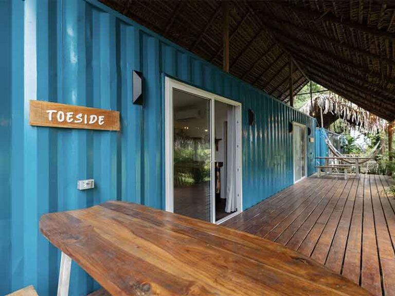 Outdoor seating area with breakfast table