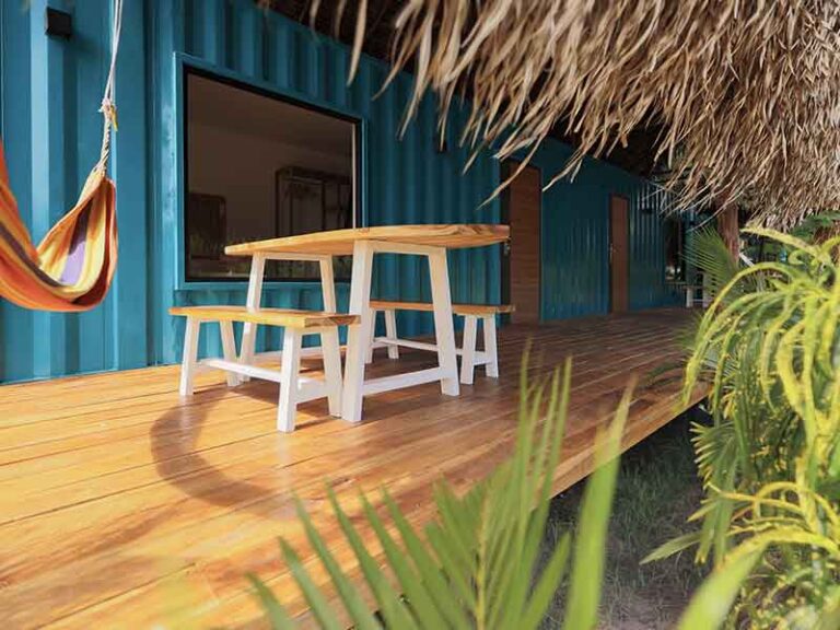 Outdoor seating area with breakfast table